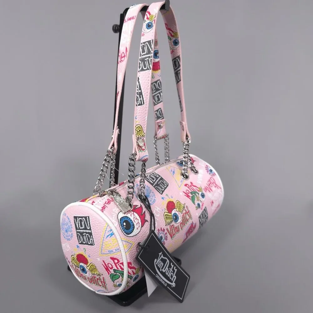 VON DUTCH New Shoulder Barrel Bag Pink Jax Logo Purse Handbag Faux Leather